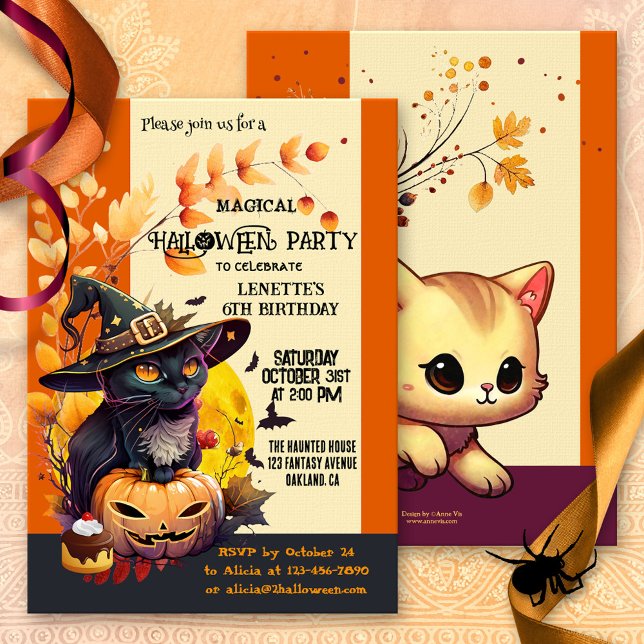 Cute Witch Kids' Birthday Halloween Party Invitation (A cute child birthday Halloween party invitation showing a witch cat with magical pumpkin and treat)