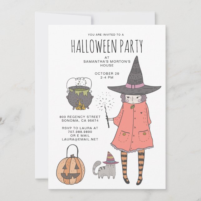 Cute Witch Kid's Halloween Party Invitation (Front)