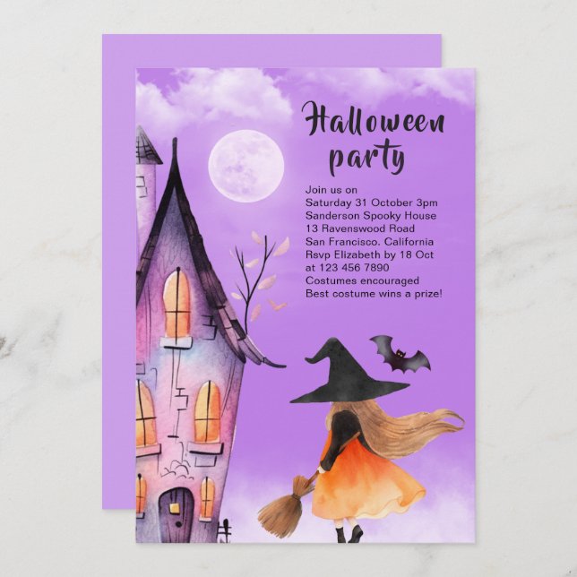 Cute Witch Kids Halloween Party Purple Invitation (Front/Back)