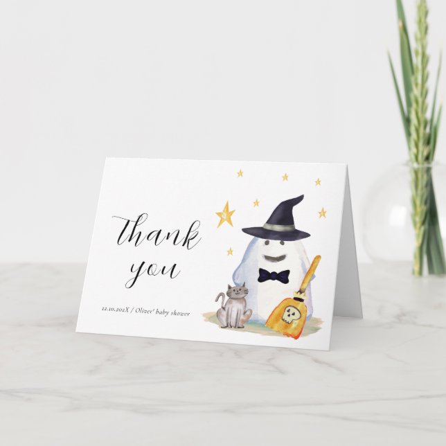 Cute Witch Little Boo Ghost Boy Baby Shower  Thank You Card (Front)
