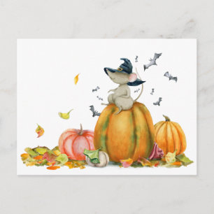 Cute witch mouse on the pumpkin postcard