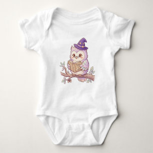 Cute Witch Owl Reading Spell Book Halloween Illust Baby Bodysuit