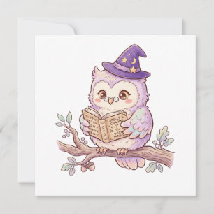 Cute Witch Owl Reading Spell Book Halloween Illust Invitation