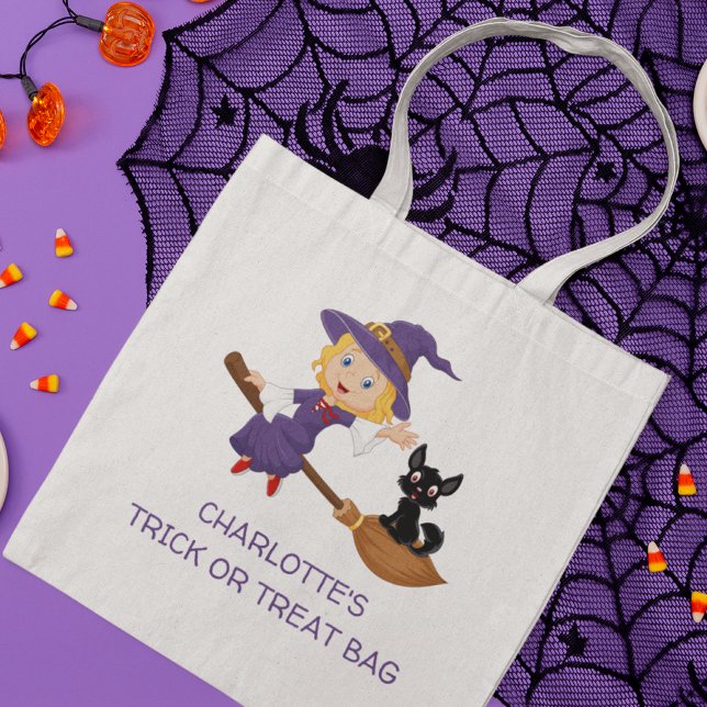 Cute Witch Personalised Trick Or Treat Tote Bag (Creator Uploaded)