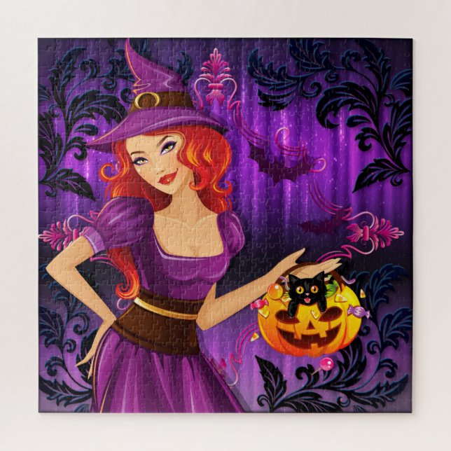 Cute Witch,  Pumpkin and Black Cat Jigsaw Puzzle (Vertical)