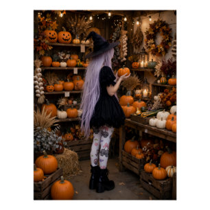 Cute Witch Pumpkin Patch Poster Cottagecore Fall