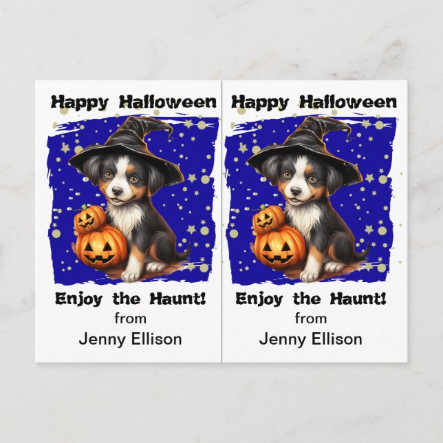 Cute Witch Puppy School Party Halloween Card (Front)