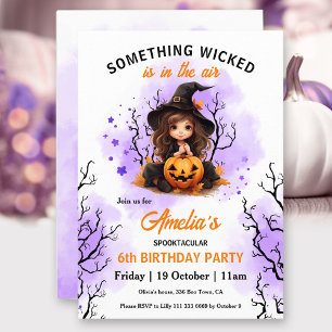 Cute Witch Purple Orange Halloween Girls' Birthday Invitation