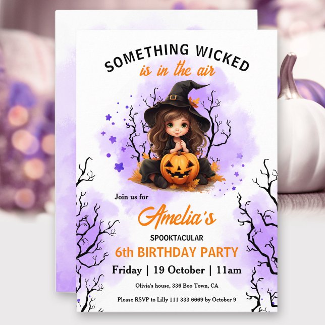 Cute Witch Purple Orange Halloween Girls' Birthday Invitation (Cute Witch Purple Orange Halloween Girls' Birthday Invitation)