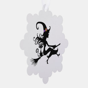 Cute Witch riding a broom Silhouette Tree Decoration Card