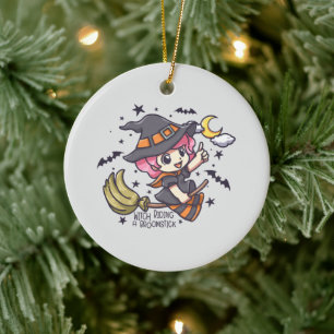 Cute Witch Riding A Broomstick Ceramic Tree Decoration