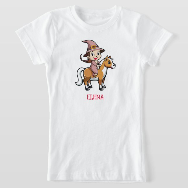 Cute Witch Riding a Horse T-Shirt (Laydown)