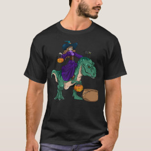 Cute Witch riding Dinosaur Halloween T-Shirt