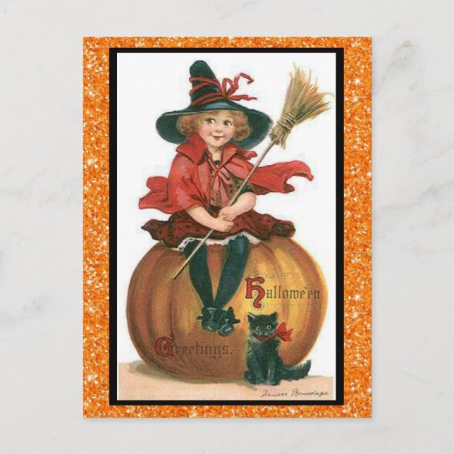 Cute Witch Sitting on a Pumpkin with Black Cat  Postcard (Front)