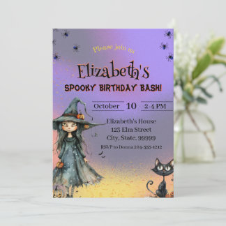 Cute Witch Spooky Halloween Birthday Invitation