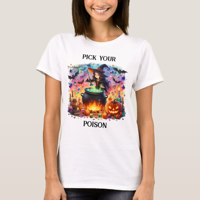 Cute Witch Stirring Cauldron T-Shirt (Front)