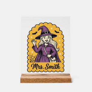 Cute Witch Teacher Mrs Smith Vintage Halloween Des Acrylic Sign