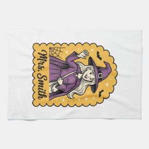 Cute Witch Teacher Mrs Smith Vintage Halloween Des Tea Towel