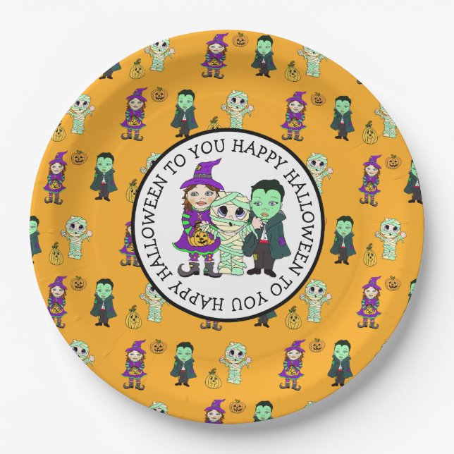 Cute Witch, Vampire and Mummy Halloween Party Paper Plate (Front)