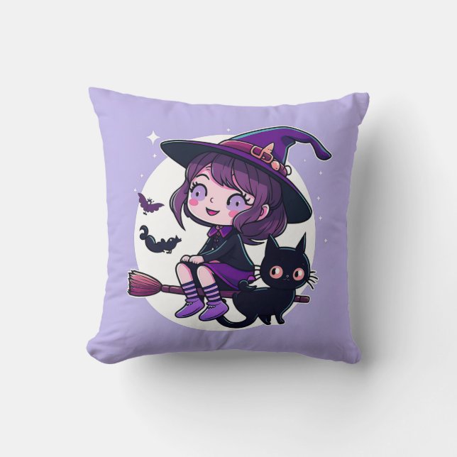 Cute Witch with a Broom Black Cat Bats Moon | Cushion (Front)