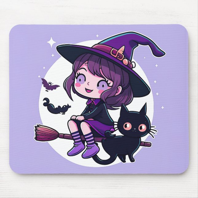 Cute Witch with a Broom Black Cat Bats Moon | Mouse Pad (Front)