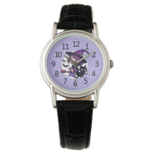 Cute Witch with a Broom Black Cat Bats Moon   Watch