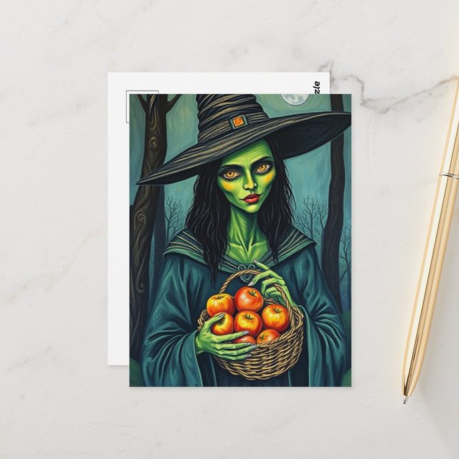 Cute Witch With Apples Postcard (Front/Back In Situ)