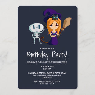 Cute Witch with Black Cat Birthday Party Invitation