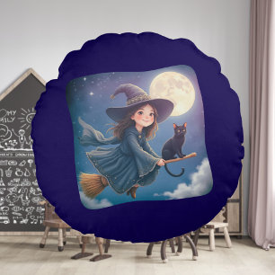 Cute Witch With Cat Round Pillow