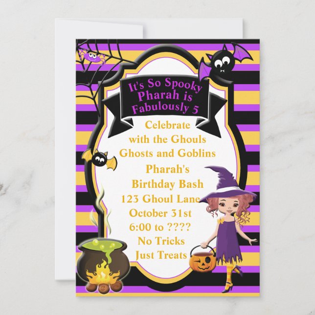 Cute Witch with Cauldron Halloween Birthday Invite (Front)