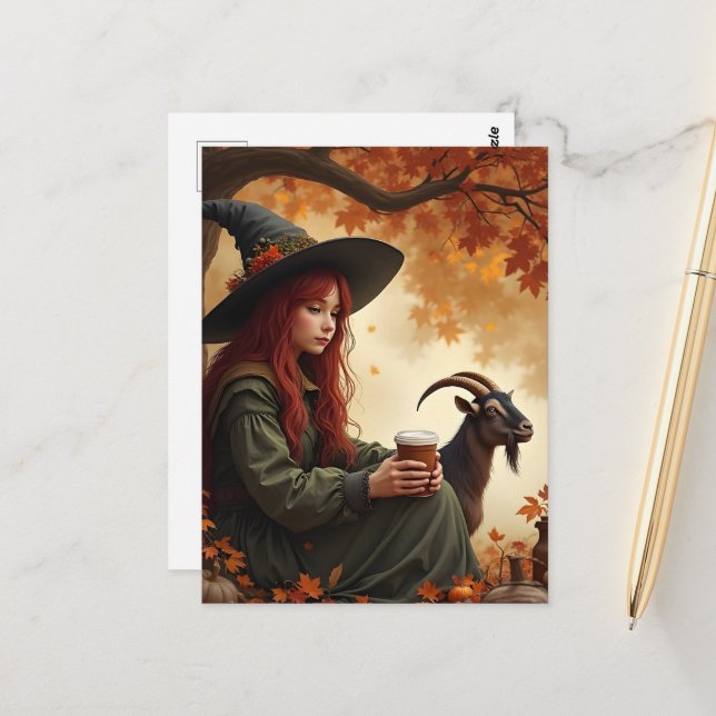 Cute Witch With Coffee and Her Pet Goat in Autumn Postcard (Front/Back In Situ)