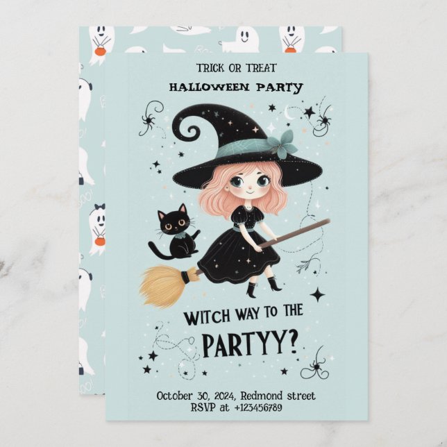 Cute witch with Halloween Pun party Invitation (Front/Back)