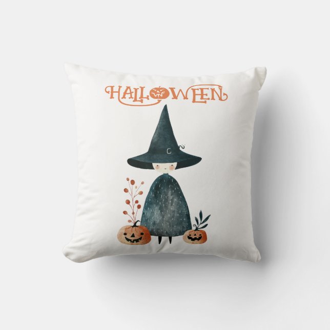 Cute Witch with Jack-o-Lanterns Halloween Nursery Cushion (Front)