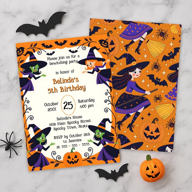 Cute Witches Orange Halloween Kids Birthday Party Invitation (Creator Uploaded)