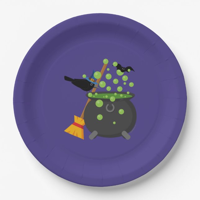 Cute Witch's Crow Looking Into A Bubbling Cauldron Paper Plate (Front)