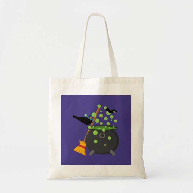 Cute Witch's Crow Looking Into A Bubbling Cauldron Tote Bag (Front)