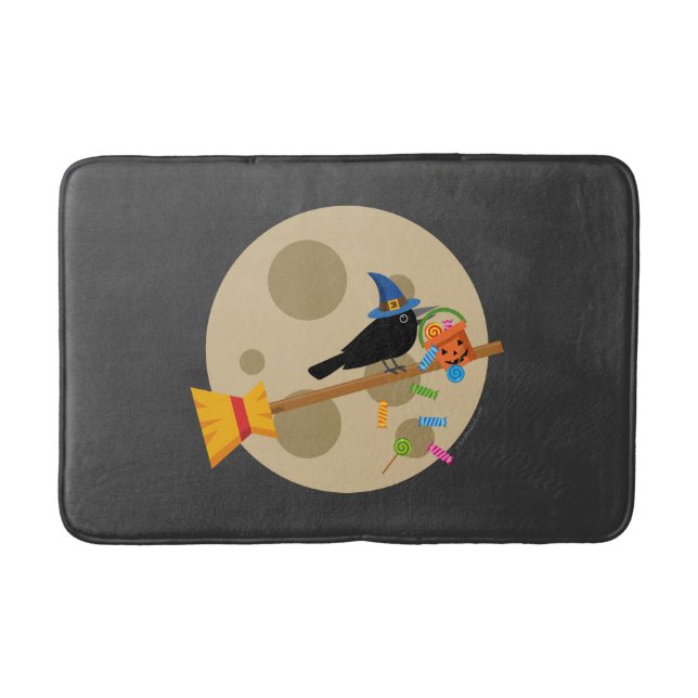 Cute Witch's Crow On A Broom Spreading Candies Bath Mat (Front)