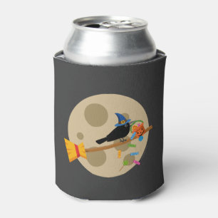 Cute Witch's Crow On A Broom Spreading Candies Can Cooler