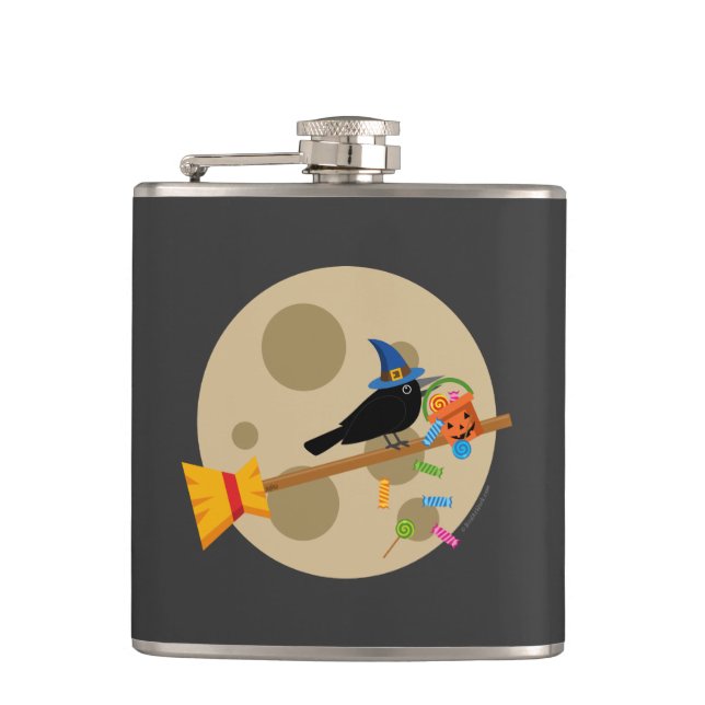 Cute Witch's Crow On A Broom Spreading Candies Hip Flask (Front)