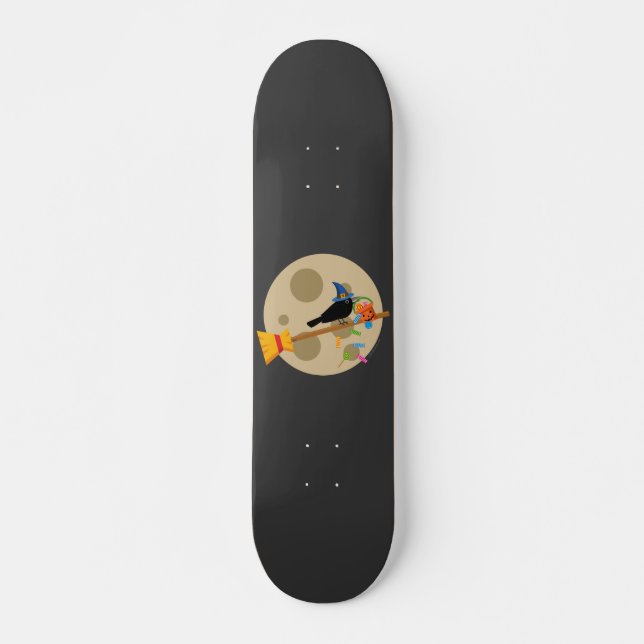 Cute Witch's Crow On A Broom Spreading Candies Skateboard (Front)