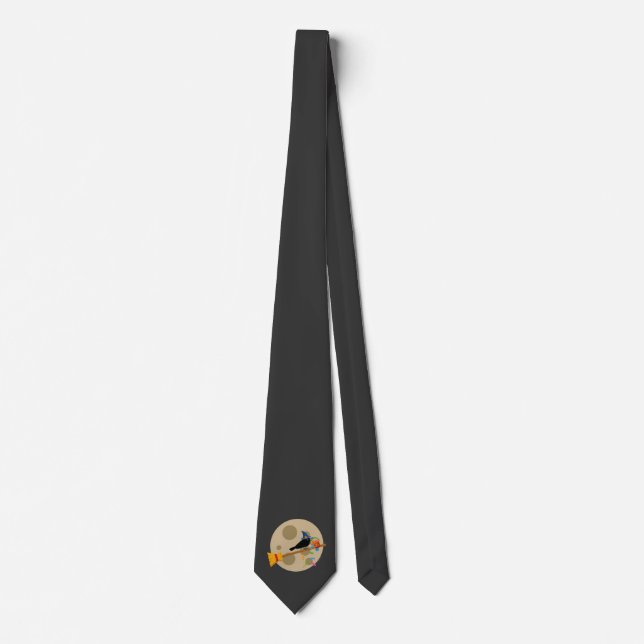 Cute Witch's Crow On A Broom Spreading Candies Tie (Front)