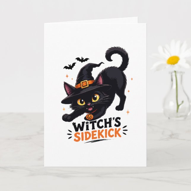 Cute Witch's Sidekick Black Cat Halloween Card (Small Plant)