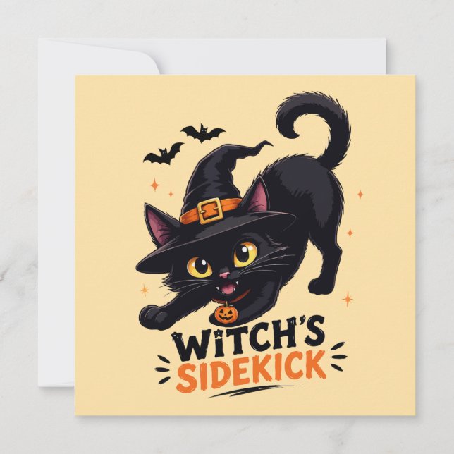 Cute Witch's Sidekick Black Cat Halloween Card (Front)