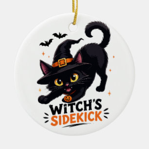 Cute Witch's Sidekick Black Cat Halloween Ceramic Tree Decoration