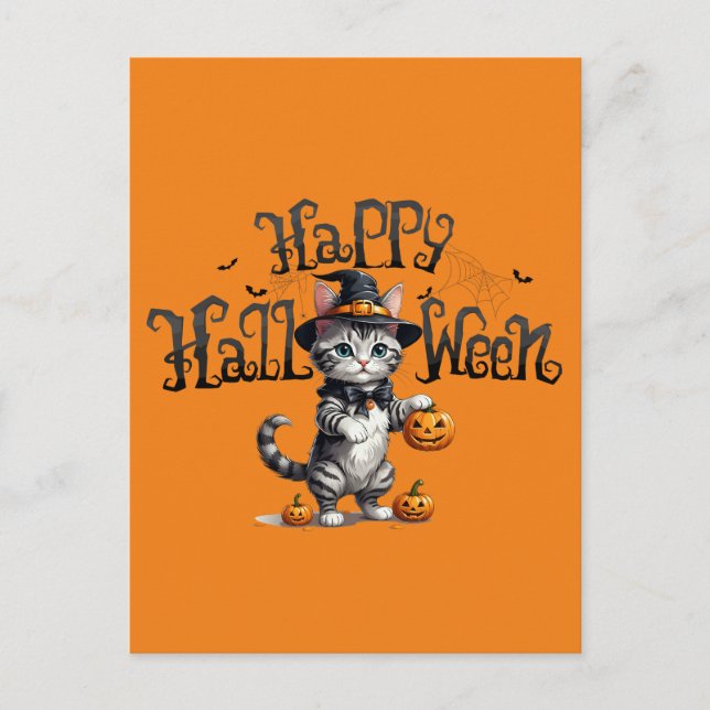 Cute Witchy Cat Halloween Postcard (Front)