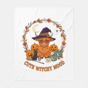 Cute Witchy Mood Halloween Highland Cow Black Cat Fleece Blanket
