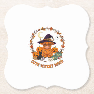Cute Witchy Mood Halloween Highland Cow Black Cat Paper Coaster