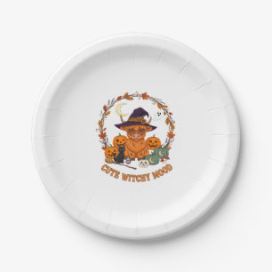 Cute Witchy Mood Halloween Highland Cow Black Cat Paper Plate