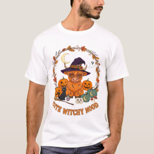 Cute Witchy Mood Halloween Highland Cow Black Cat T-Shirt