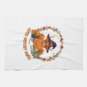 Cute Witchy Mood Halloween Highland Cow Black Cat Tea Towel